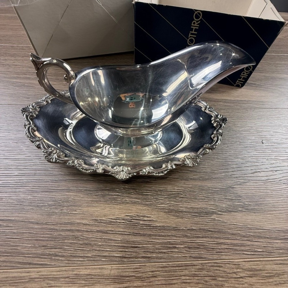 Woodward & Lothrop Vintage Silver Plated Gravy Boat and Underplate Tray Set Box